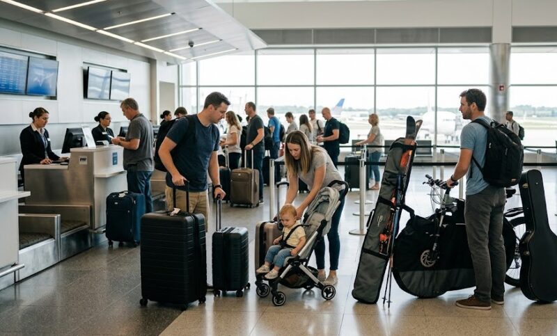Ljudi na aerodromu proveravaju svoj prtljag